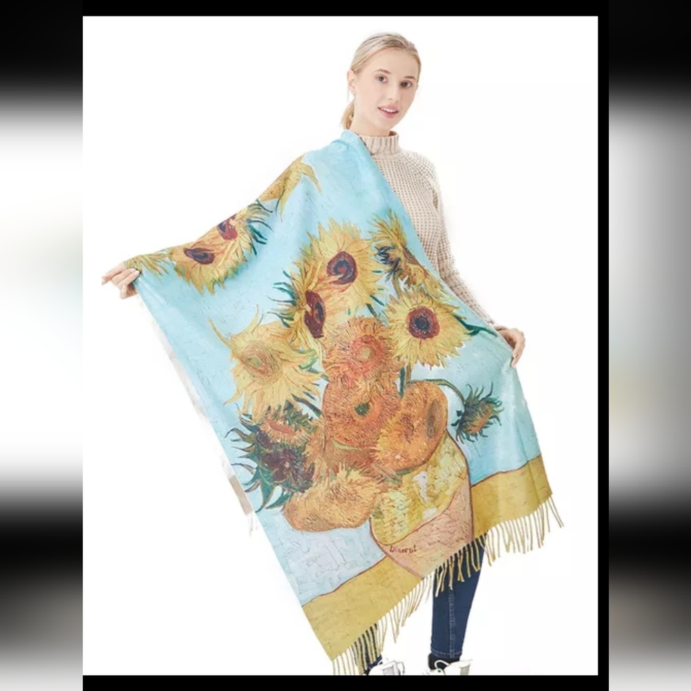 NWT Cashmere Scarf For Women Elegant Flowers Sunflowers. Art